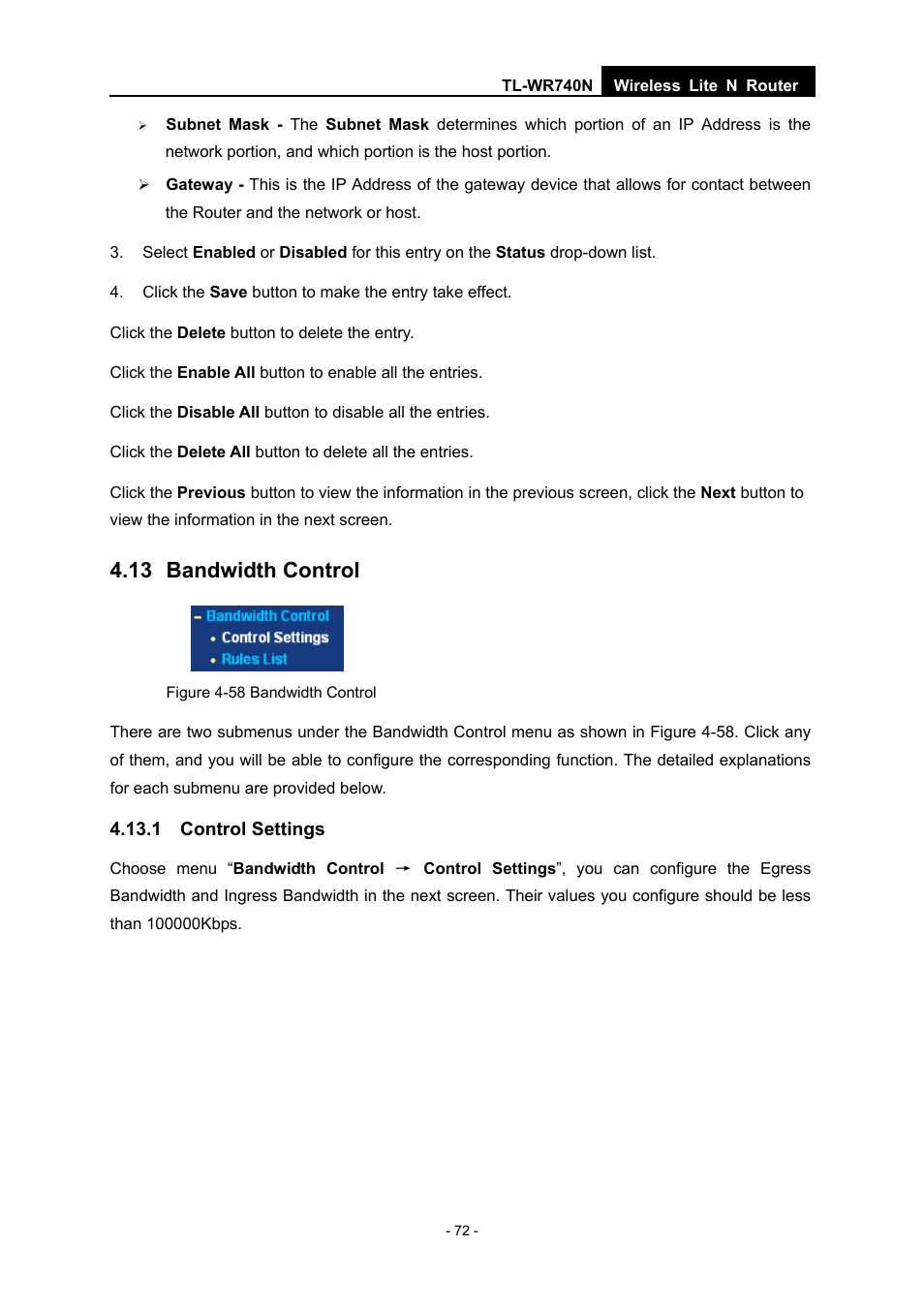 13 bandwidth control, 1 control settings | TP-Link TL-WR740N User Manual | Page 79 / 109
