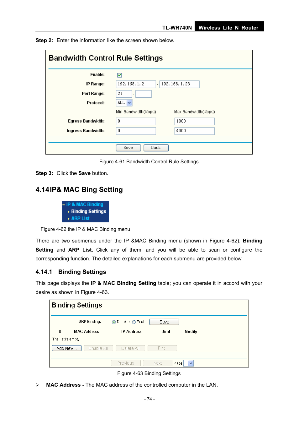 14 ip& mac bing setting, 1 binding settings | TP-Link TL-WR740N User Manual | Page 81 / 109