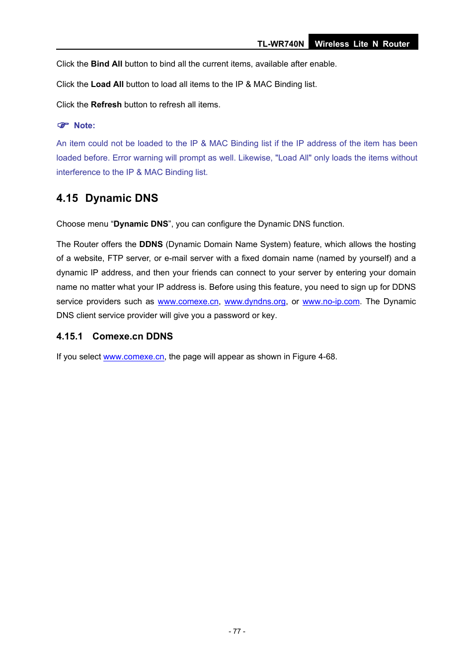 15 dynamic dns, 1 comexe.cn ddns | TP-Link TL-WR740N User Manual | Page 84 / 109