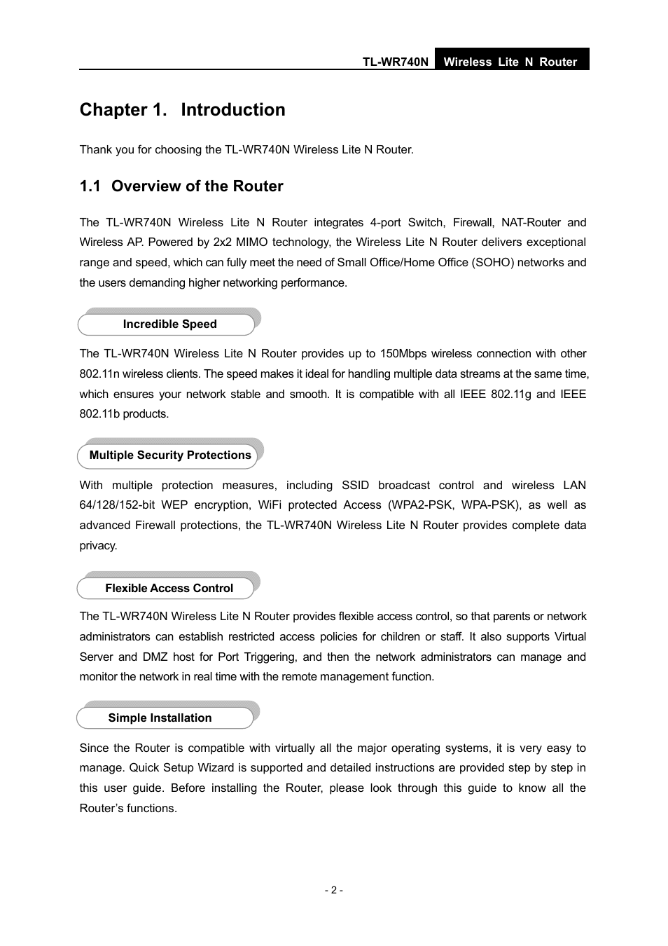 Chapter 1. introduction, 1 overview of the router | TP-Link TL-WR740N User Manual | Page 9 / 109