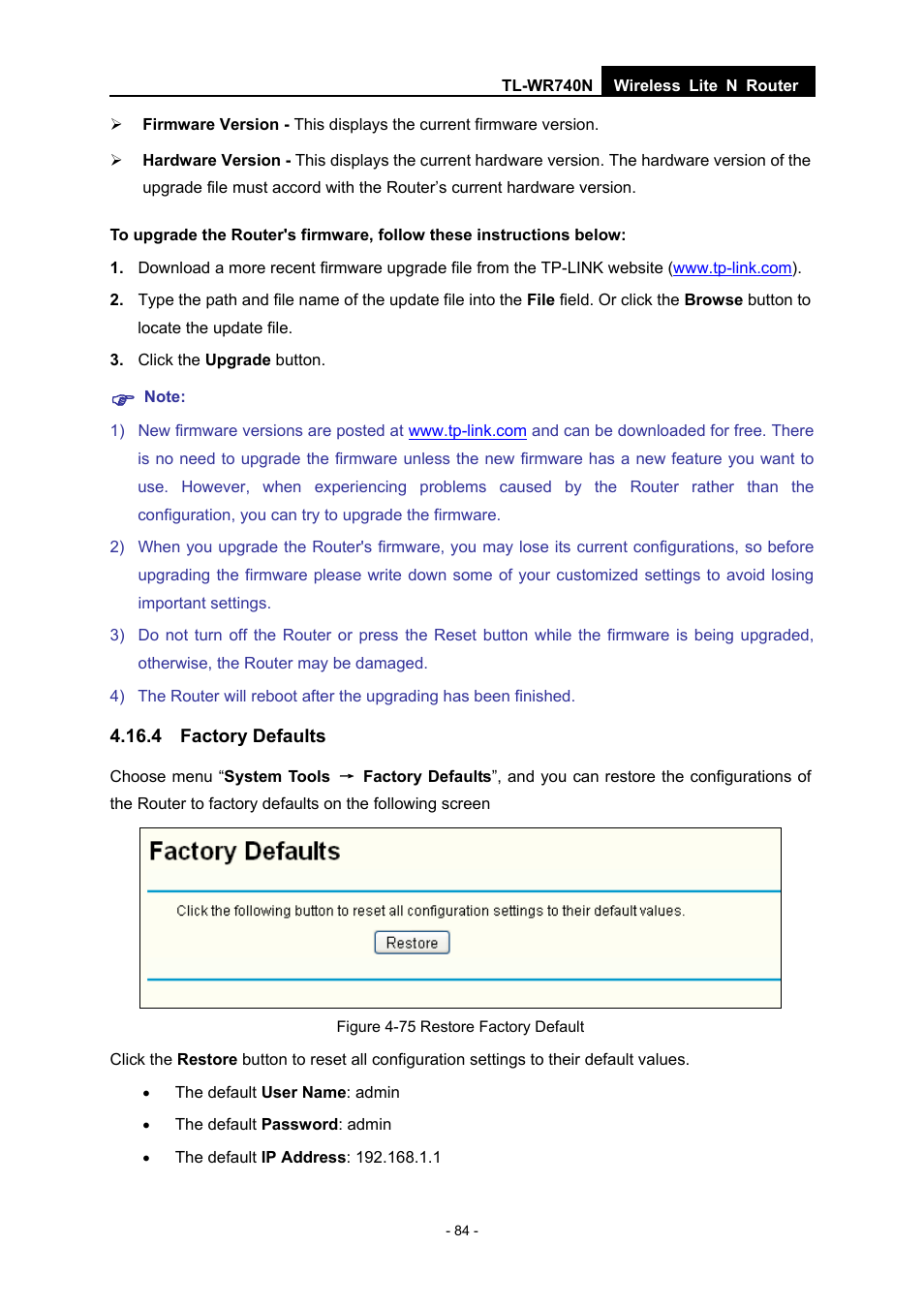4 factory defaults | TP-Link TL-WR740N User Manual | Page 91 / 109