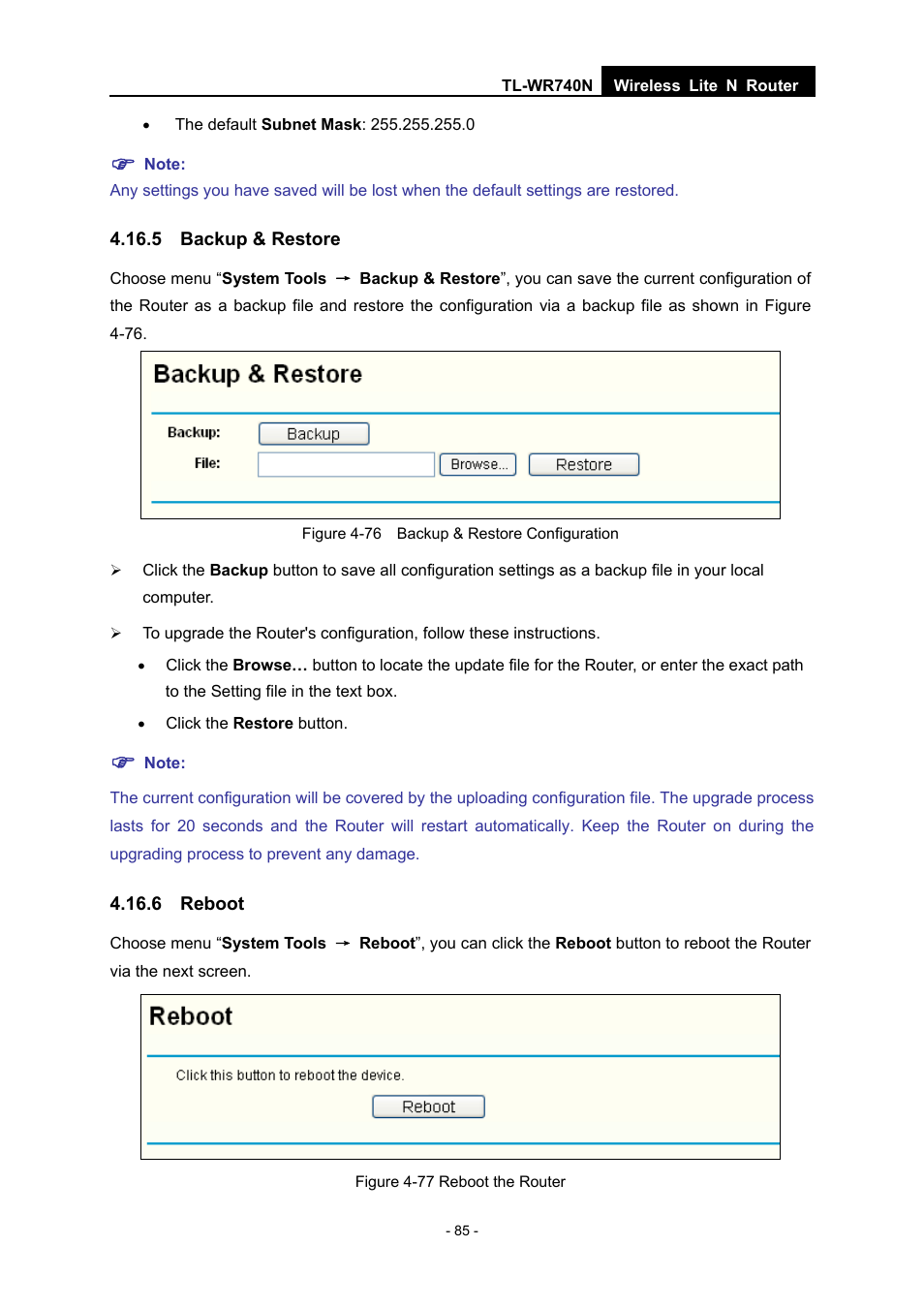 5 backup & restore, 6 reboot | TP-Link TL-WR740N User Manual | Page 92 / 109