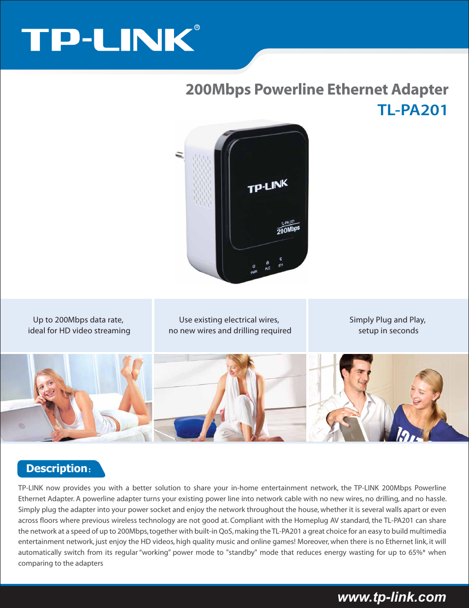 TP-Link 200Mbps Powerline Ethernet Adapter TL-PA201 User Manual | 2 pages