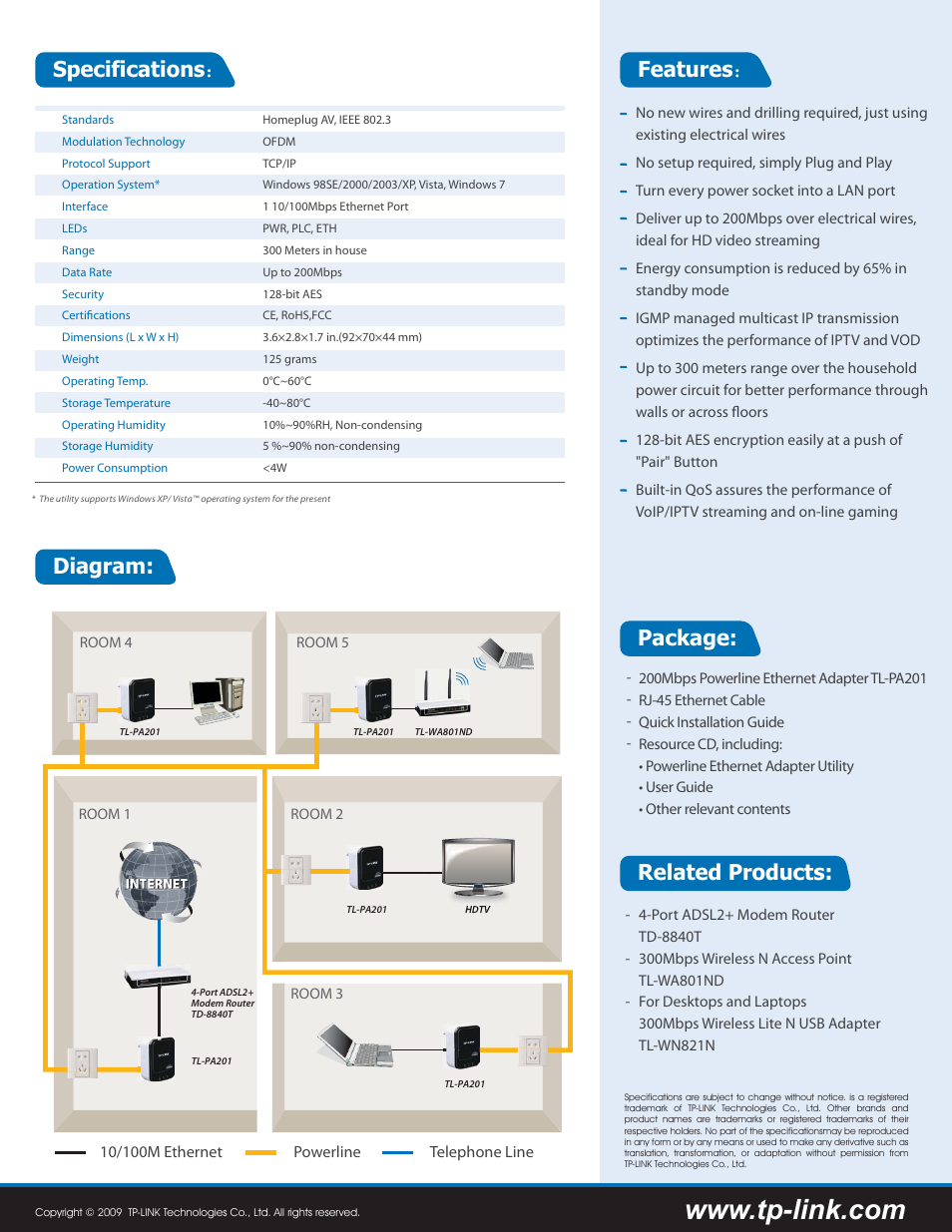 Features ： specifications, Package: related products, Diagram | TP-Link 200Mbps Powerline Ethernet Adapter TL-PA201 User Manual | Page 2 / 2