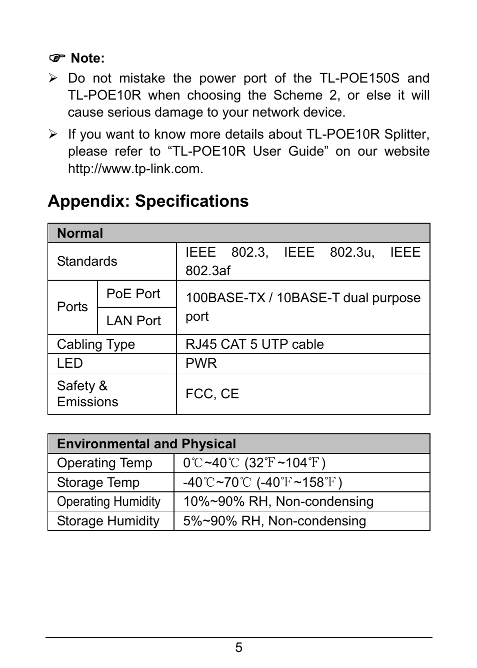 Appendix: specifications | TP-Link TL-POE150S User Manual | Page 10 / 10