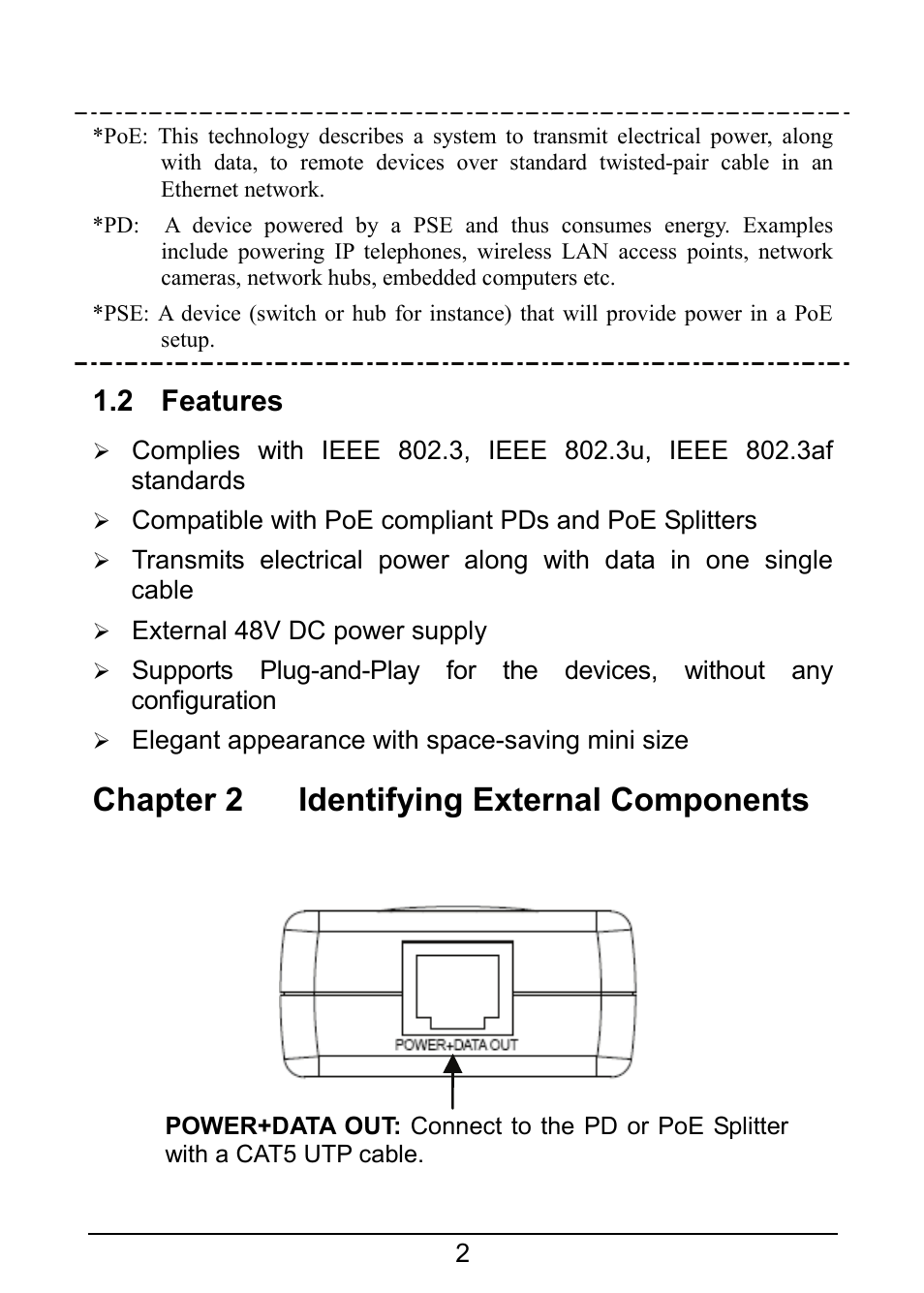 2 features, Chapter 2 identifying external components | TP-Link TL-POE150S User Manual | Page 7 / 10