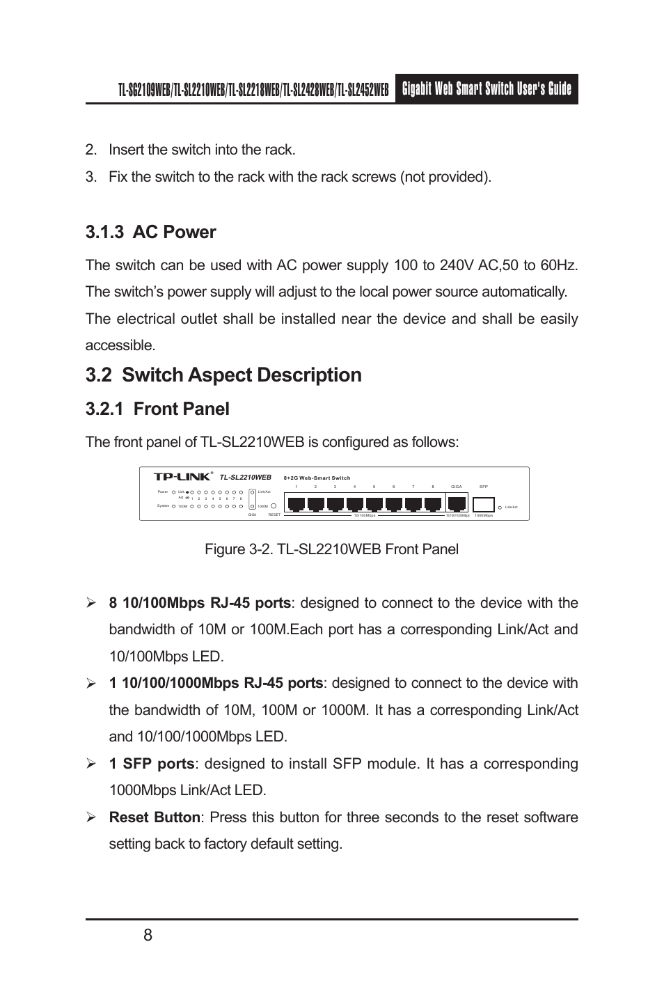 2 switch aspect description, 3 ac power, 1 front panel | TP-Link TL-SL2210WEB User Manual | Page 15 / 75