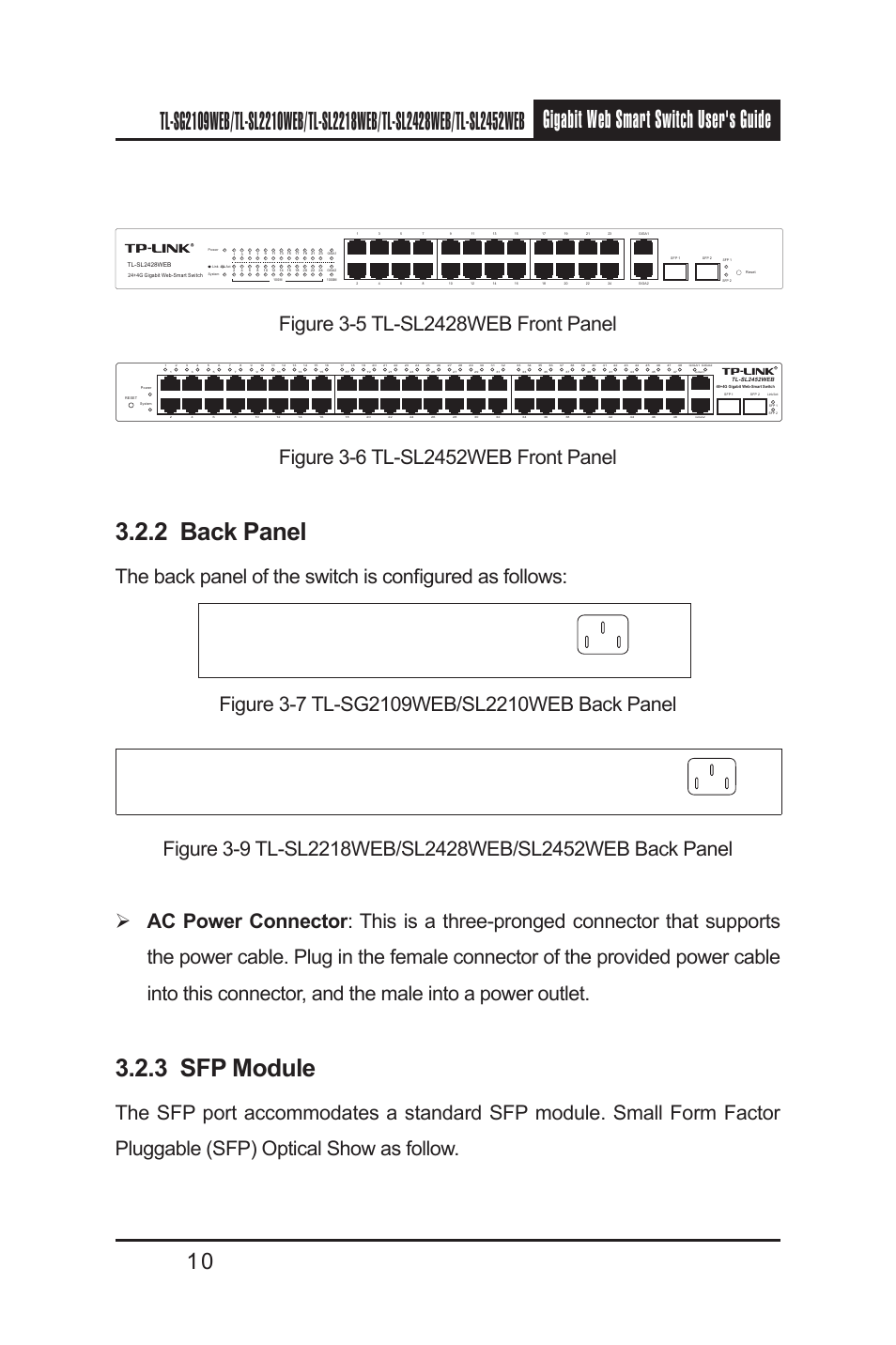 2 back panel, 3 sfp module | TP-Link TL-SL2210WEB User Manual | Page 17 / 75