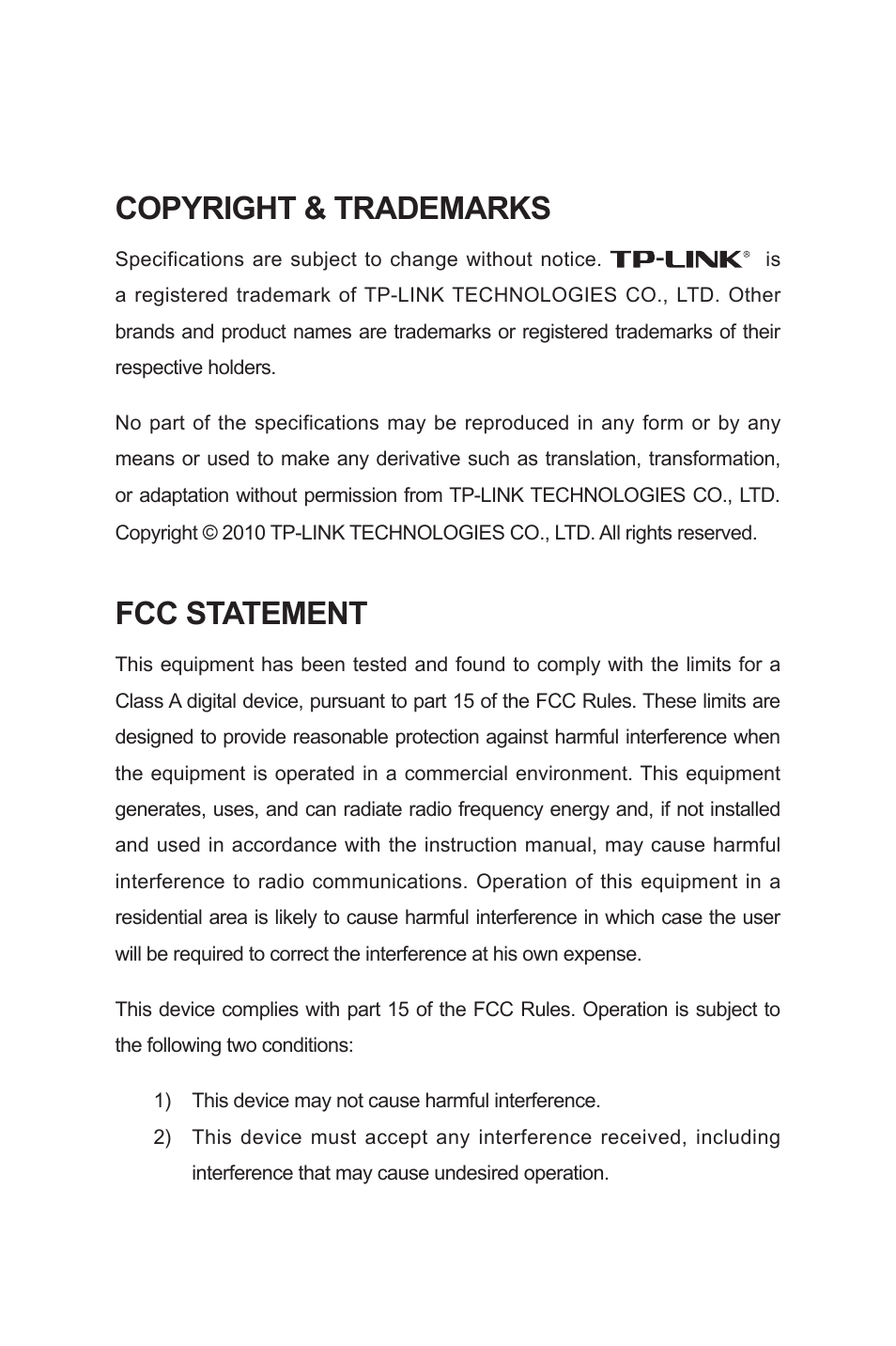 Copyright & trademarks, Fcc statement | TP-Link TL-SL2210WEB User Manual | Page 2 / 75