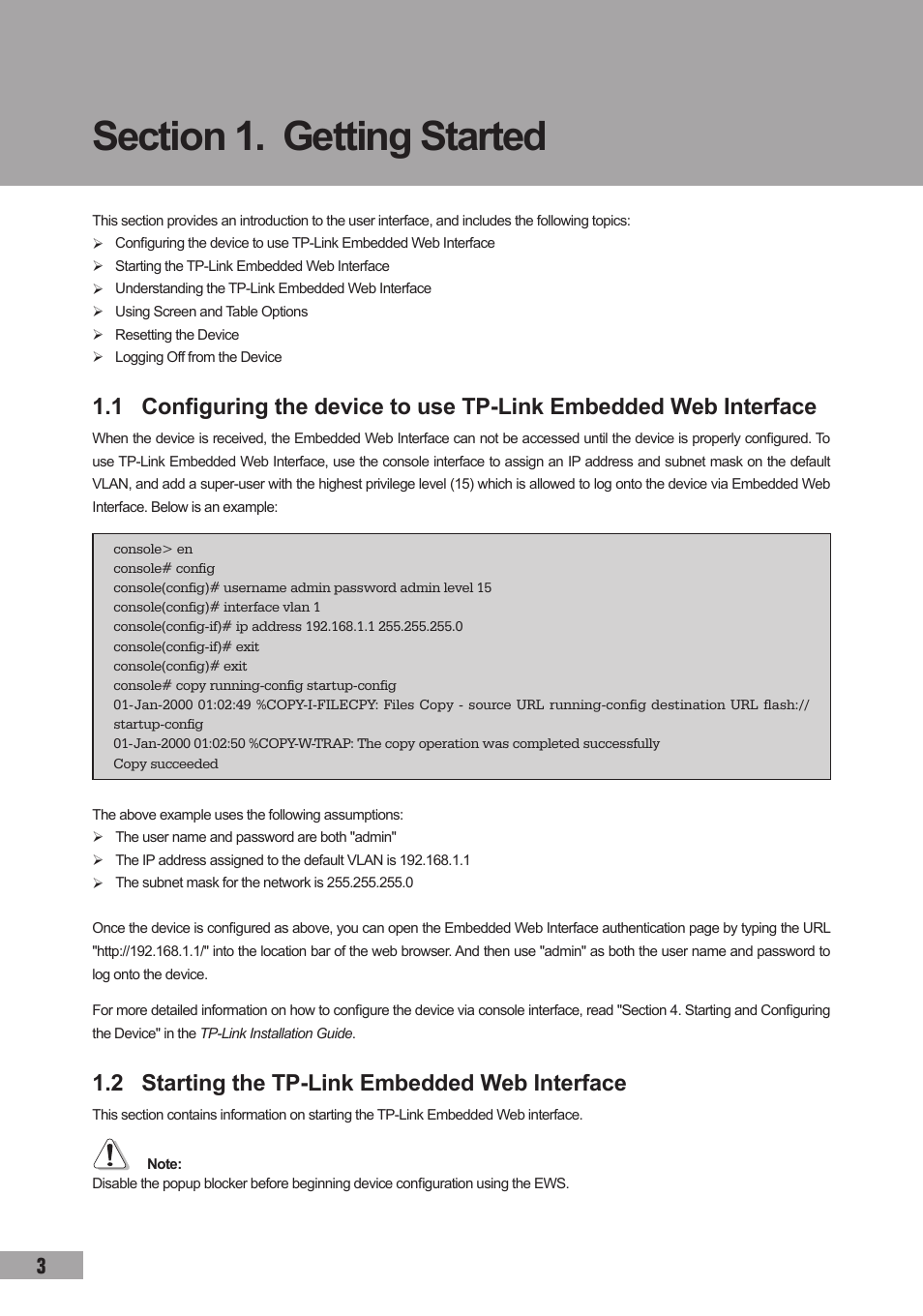 Section 1. getting started, 2 starting the tp-link embedded web interface | TP-Link TL-SG3109 User Manual | Page 10 / 120