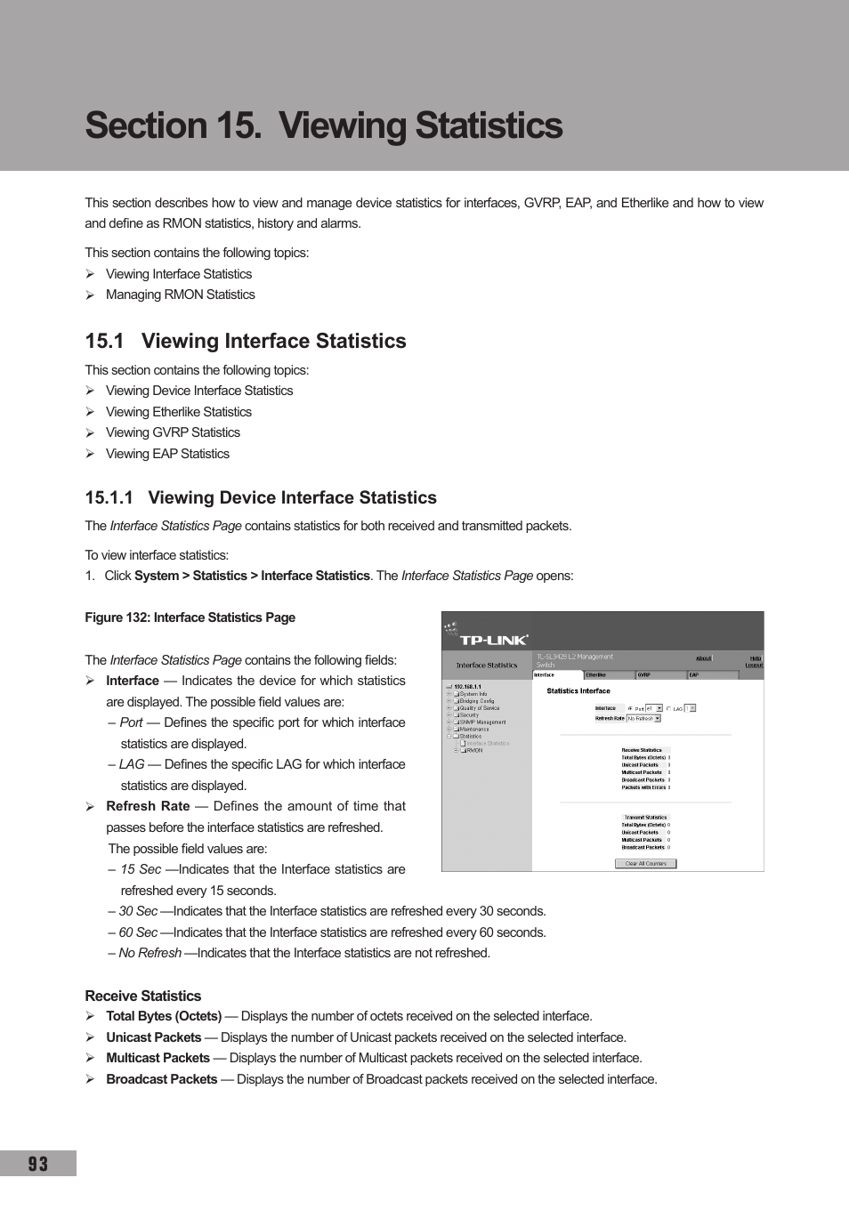 Section 15. viewing statistics, 1 viewing interface statistics, 1 viewing device interface statistics | TP-Link TL-SG3109 User Manual | Page 100 / 120