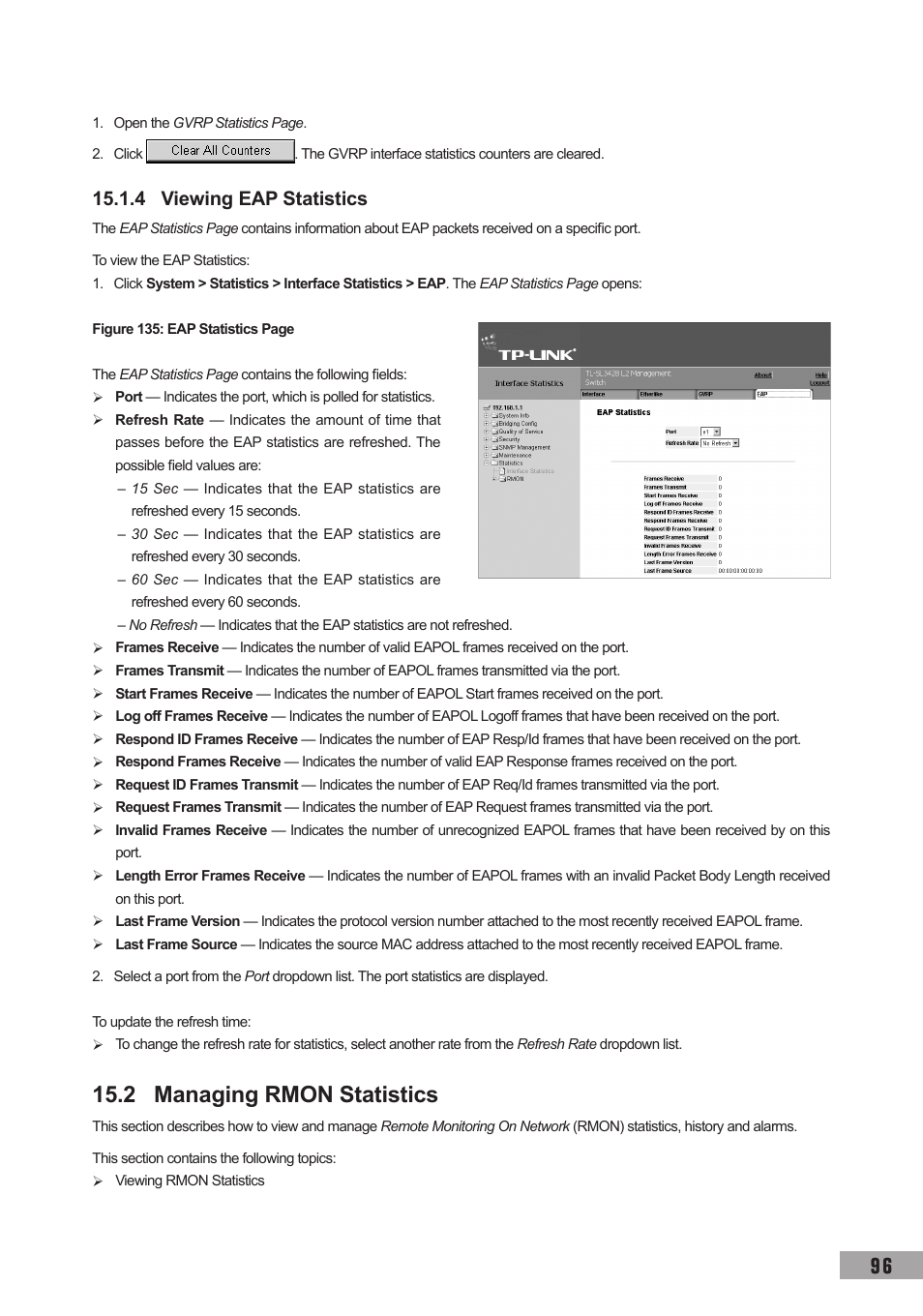 4 viewing eap statistics, 2 managing rmon statistics | TP-Link TL-SG3109 User Manual | Page 103 / 120