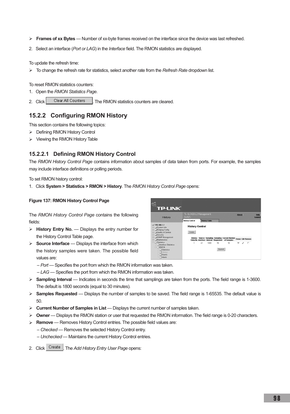 2 configuring rmon history, 1 defining rmon history control | TP-Link TL-SG3109 User Manual | Page 105 / 120