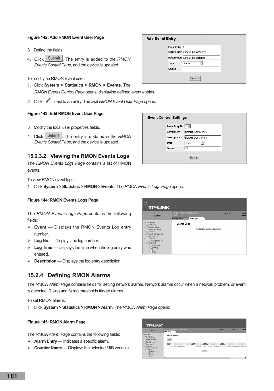2 viewing the rmon events logs, 4 defining rmon alarms | TP-Link TL-SG3109 User Manual | Page 108 / 120