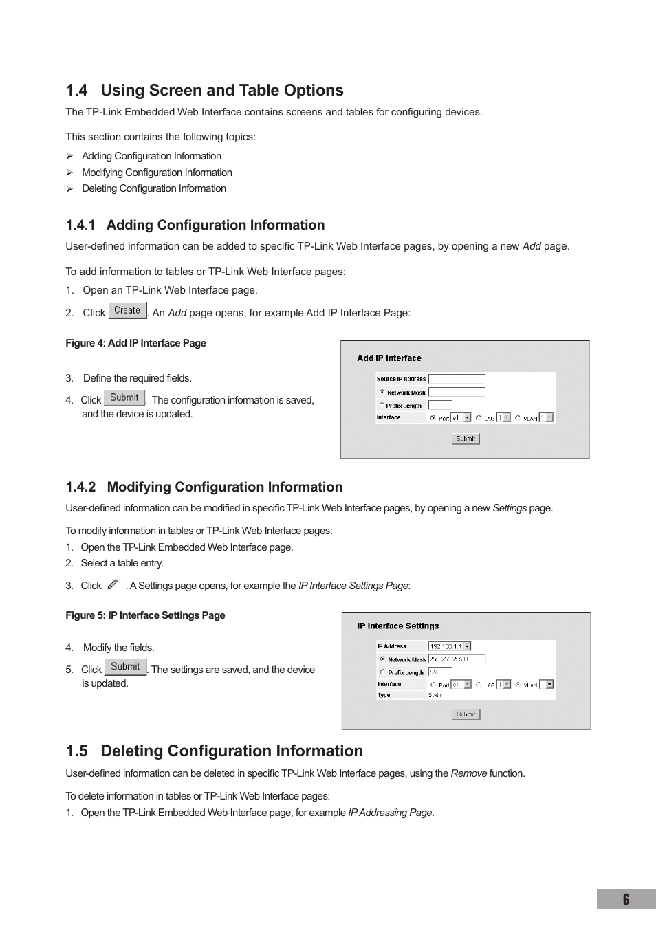 4 using screen and table options, 1 adding configuration information, 2 modifying configuration information | 5 deleting configuration information | TP-Link TL-SG3109 User Manual | Page 13 / 120