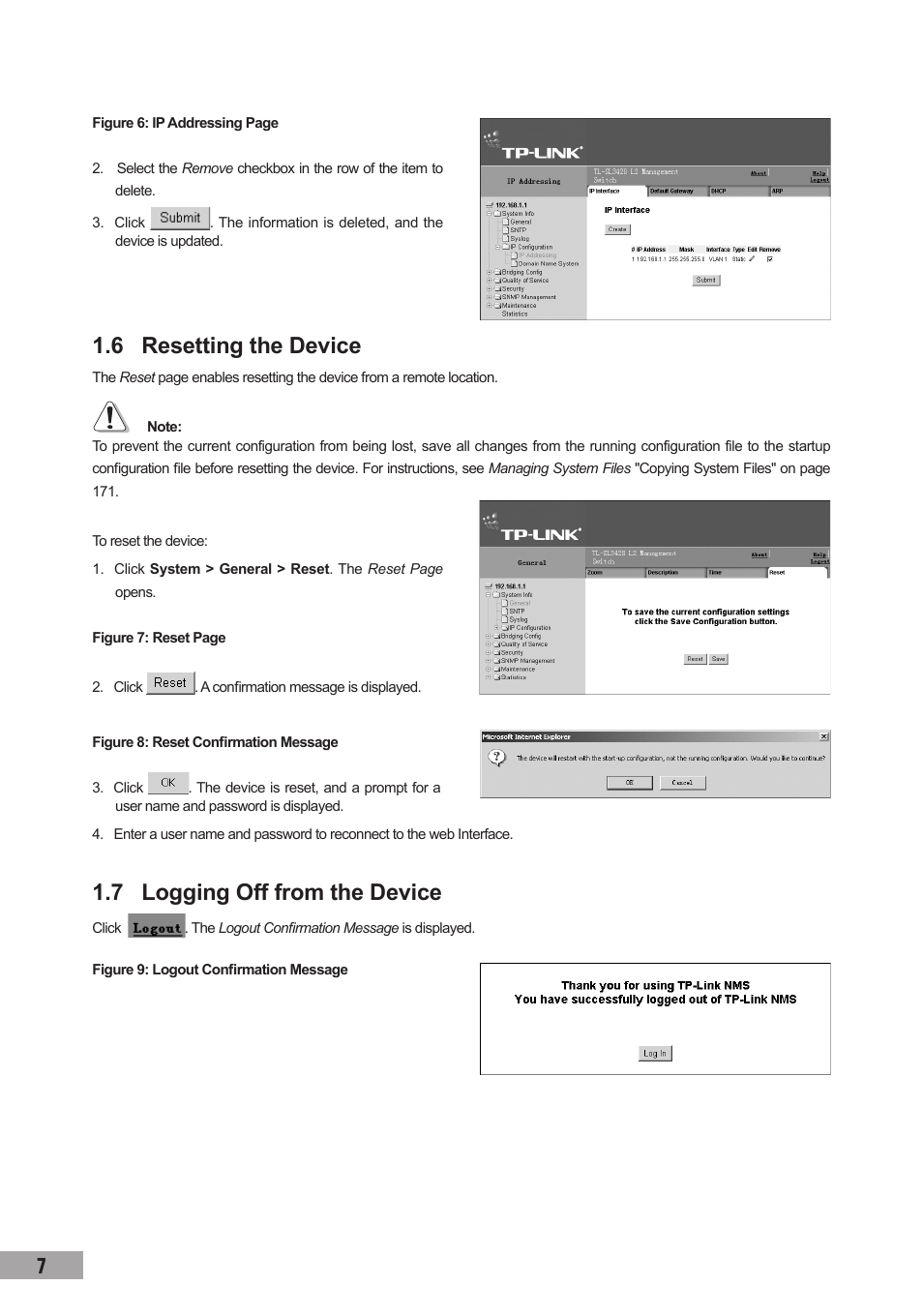 6 resetting the device, 7 logging off from the device | TP-Link TL-SG3109 User Manual | Page 14 / 120