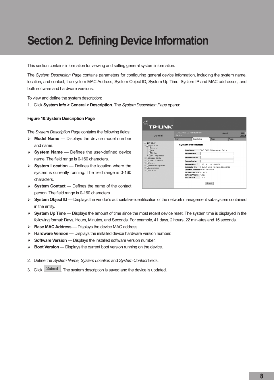 Section 2. defining device information | TP-Link TL-SG3109 User Manual | Page 15 / 120