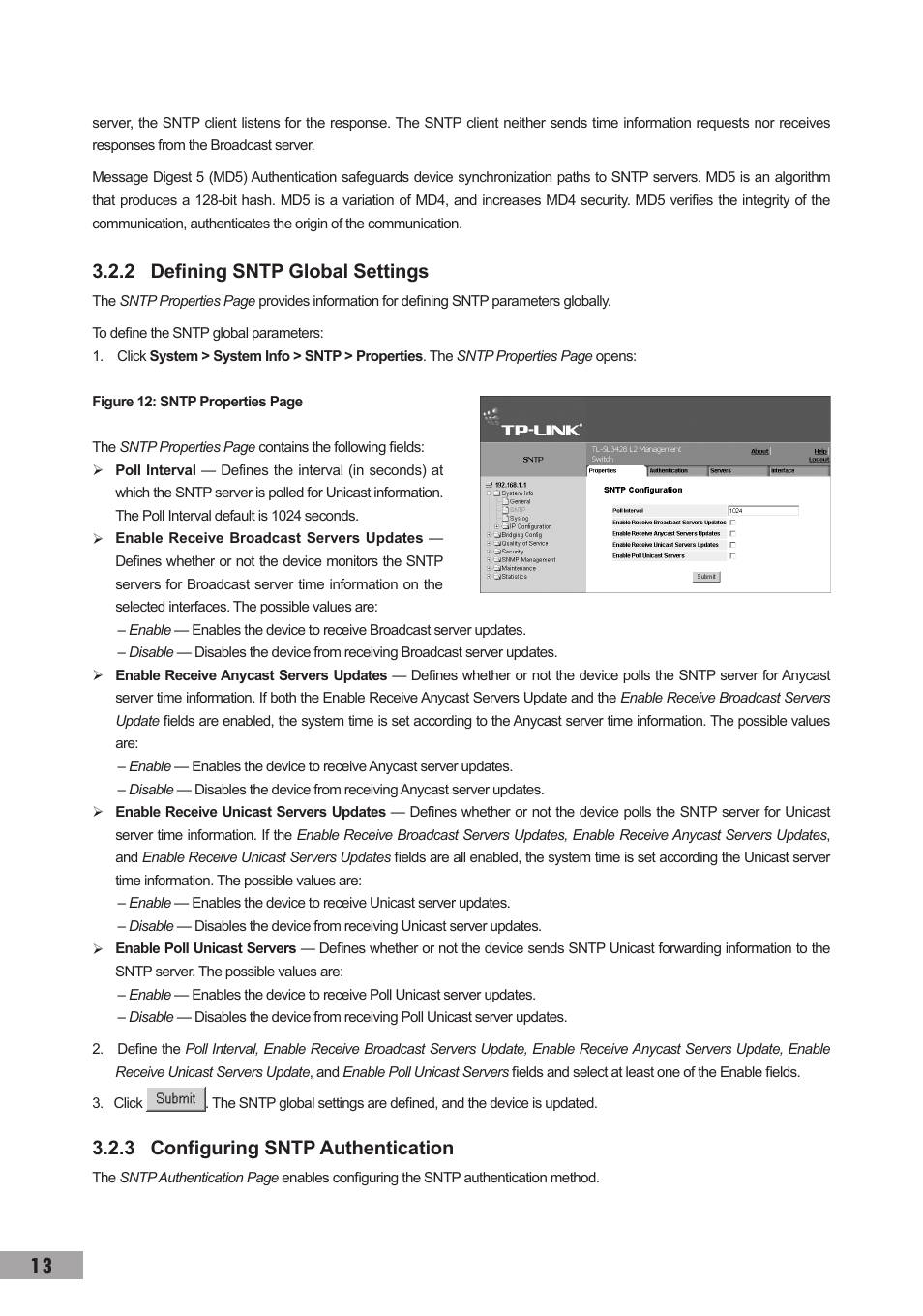 2 defining sntp global settings, 3 configuring sntp authentication | TP-Link TL-SG3109 User Manual | Page 20 / 120