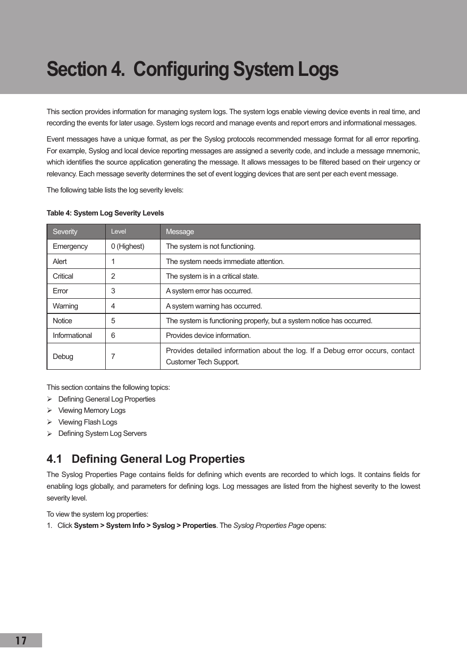 Section 4. configuring system logs, 1 defining general log properties | TP-Link TL-SG3109 User Manual | Page 24 / 120