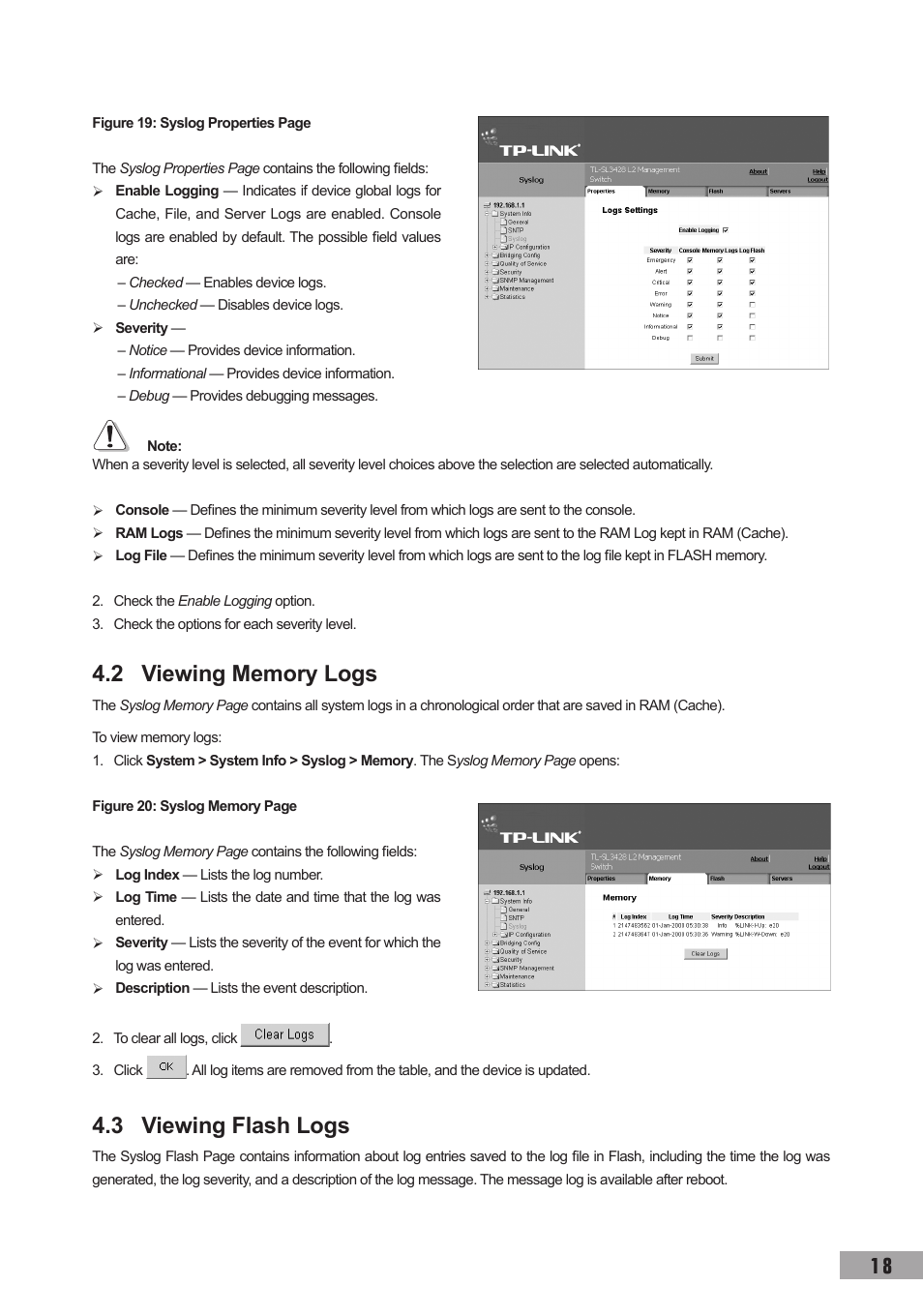 2 viewing memory logs, 3 viewing flash logs | TP-Link TL-SG3109 User Manual | Page 25 / 120