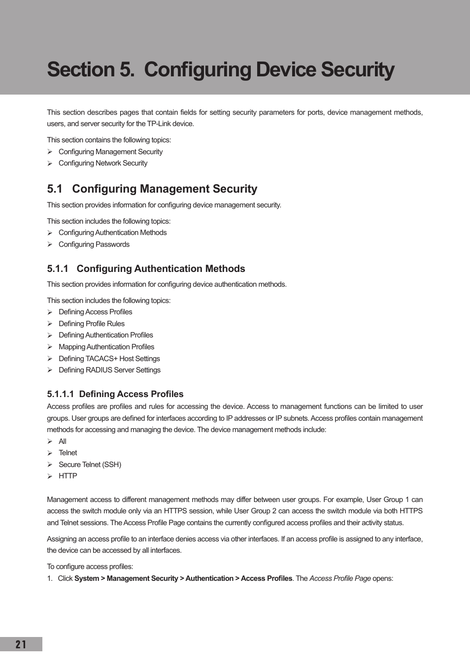 Section 5. configuring device security, 1 configuring management security, 1 configuring authentication methods | 1 defining access profiles | TP-Link TL-SG3109 User Manual | Page 28 / 120