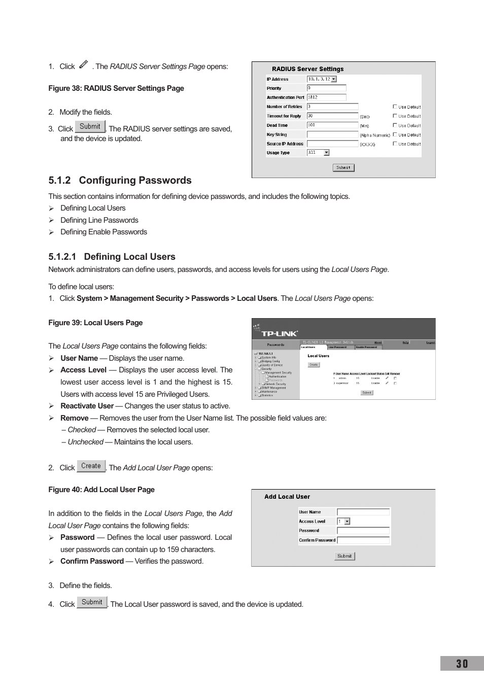 2 configuring passwords, 1 defining local users | TP-Link TL-SG3109 User Manual | Page 37 / 120