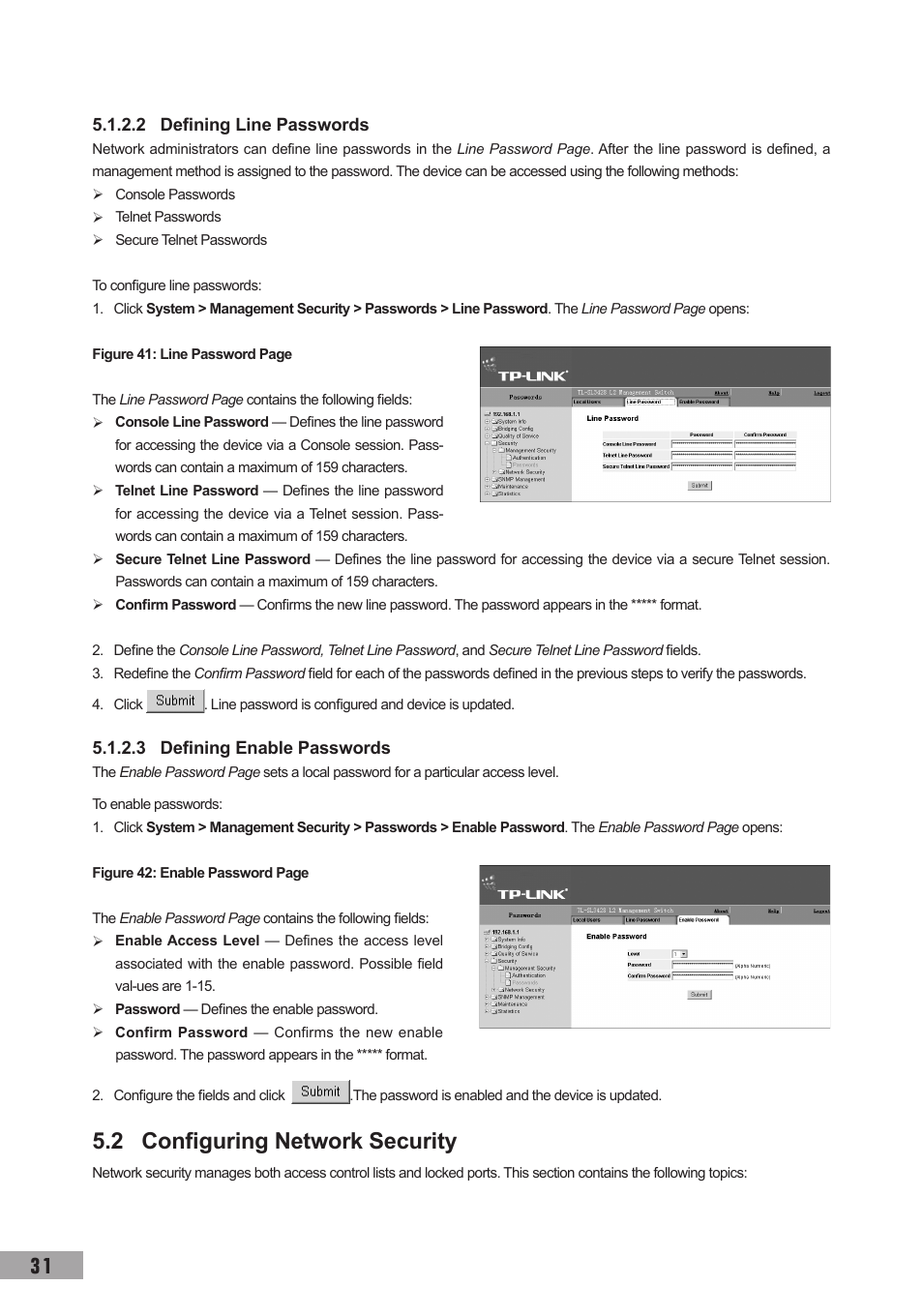 2 defining line passwords, 3 defining enable passwords, 2 configuring network security | TP-Link TL-SG3109 User Manual | Page 38 / 120