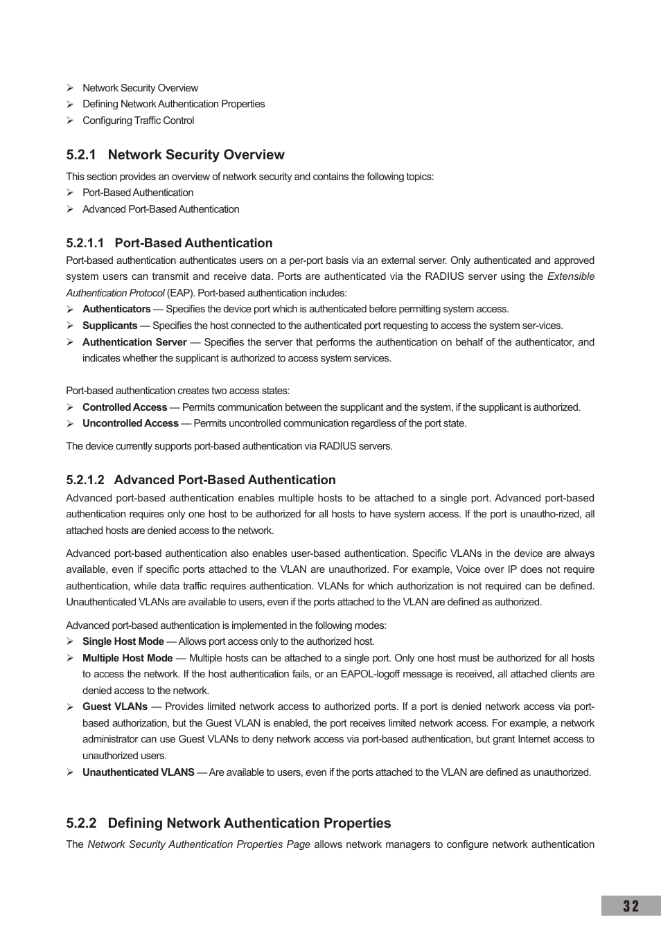 1 network security overview, 1 port-based authentication, 2 advanced port-based authentication | 2 defining network authentication properties | TP-Link TL-SG3109 User Manual | Page 39 / 120