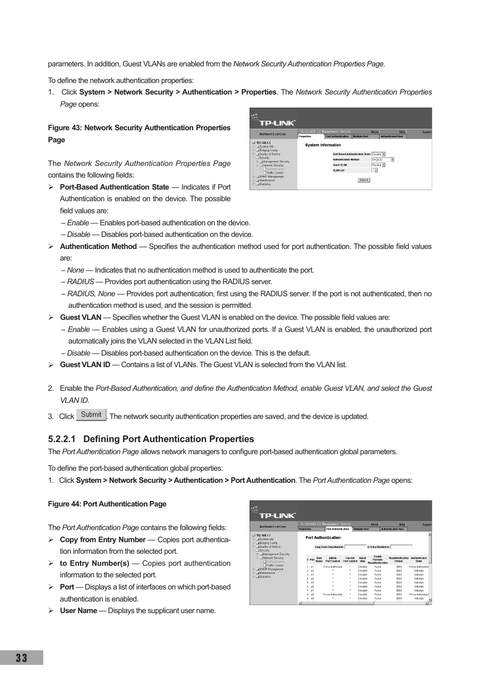 1 defining port authentication properties | TP-Link TL-SG3109 User Manual | Page 40 / 120