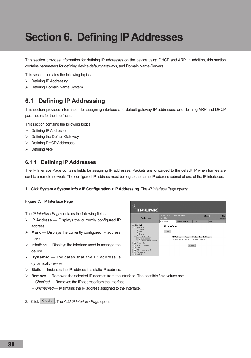 Section 6. defining ip addresses, 1 defining ip addressing, 1 defining ip addresses | TP-Link TL-SG3109 User Manual | Page 46 / 120