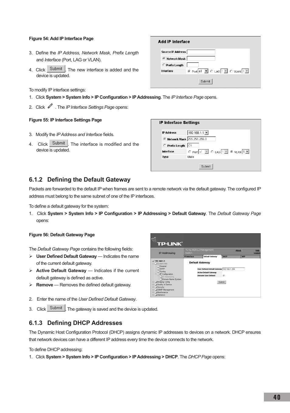 2 defining the default gateway, 3 defining dhcp addresses | TP-Link TL-SG3109 User Manual | Page 47 / 120
