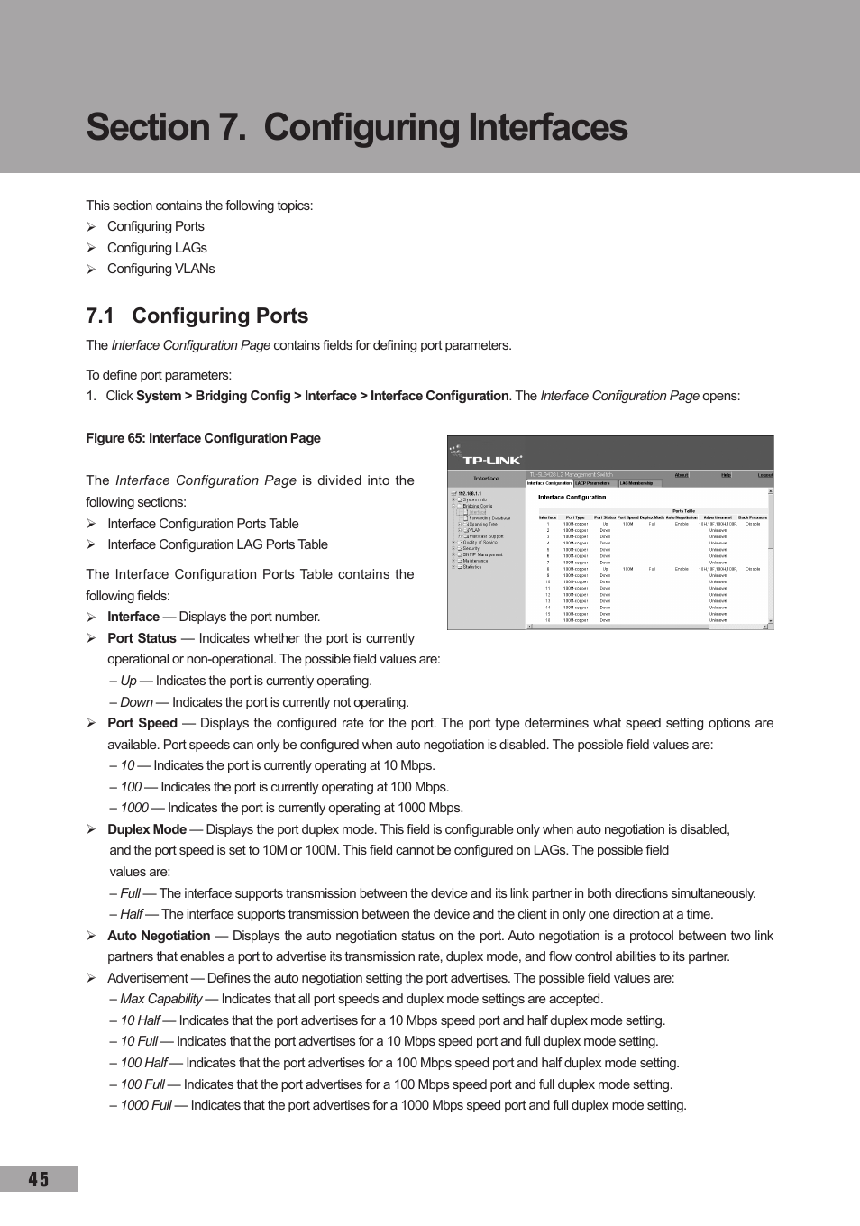 Section 7. configuring interfaces, 1 configuring ports | TP-Link TL-SG3109 User Manual | Page 52 / 120