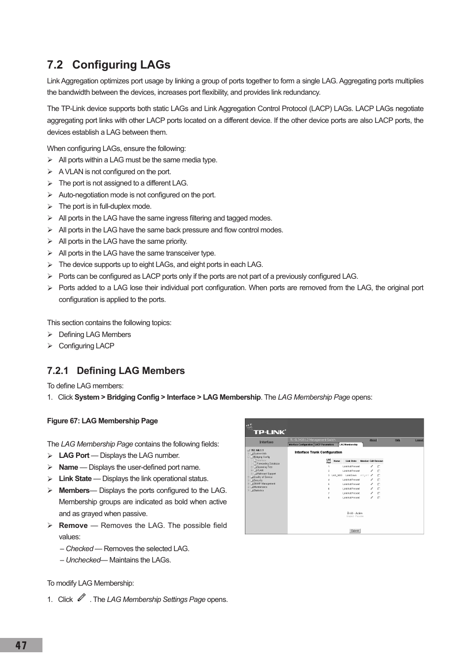 2 configuring lags, 1 defining lag members, 2 configuring lags 7.2.1 defining lag members | TP-Link TL-SG3109 User Manual | Page 54 / 120