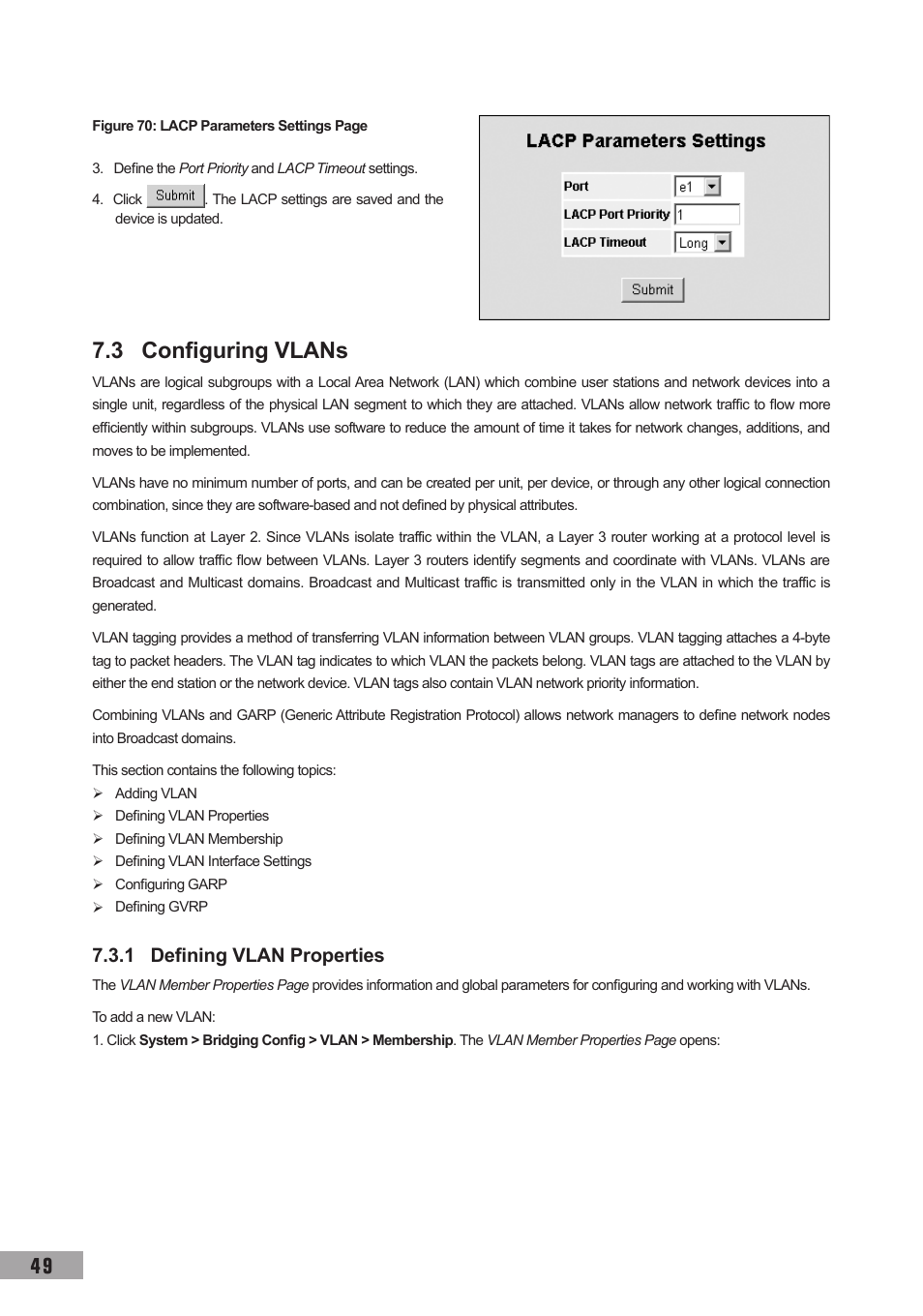 3 configuring vlans, 1 defining vlan properties, 3 configuring vlans 7.3.1 defining vlan properties | TP-Link TL-SG3109 User Manual | Page 56 / 120