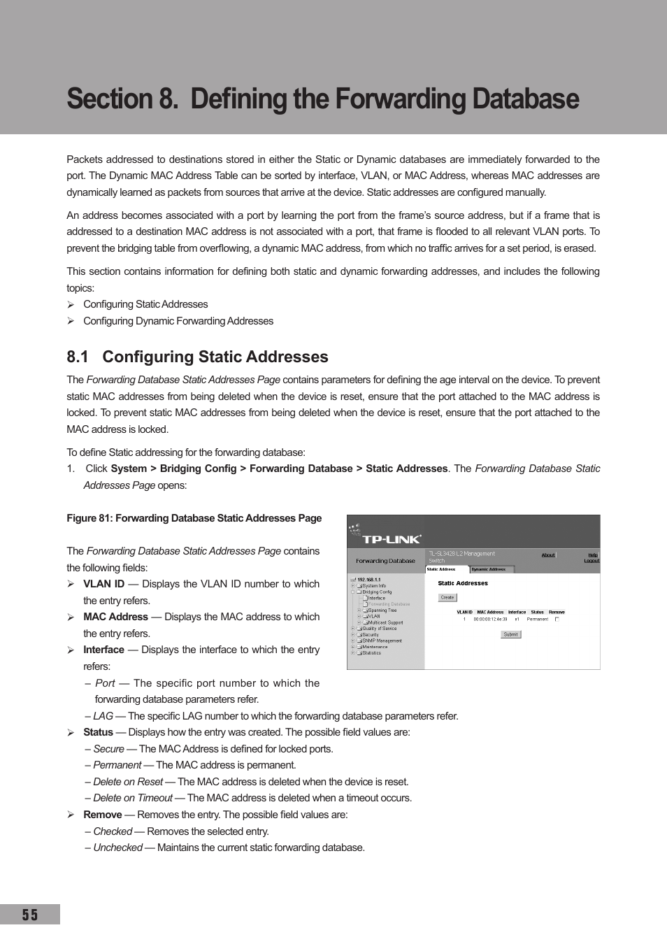 Section 8. defining the forwarding database, 1 configuring static addresses | TP-Link TL-SG3109 User Manual | Page 62 / 120