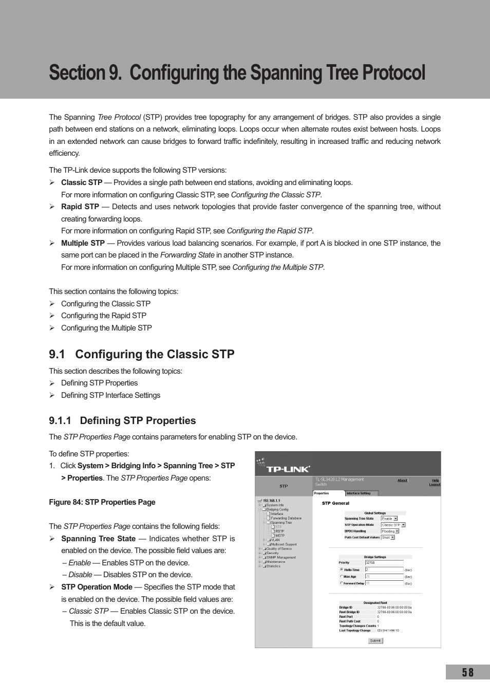 Section 9. configuring the spanning tree protocol, 1 configuring the classic stp, 1 defining stp properties | TP-Link TL-SG3109 User Manual | Page 65 / 120