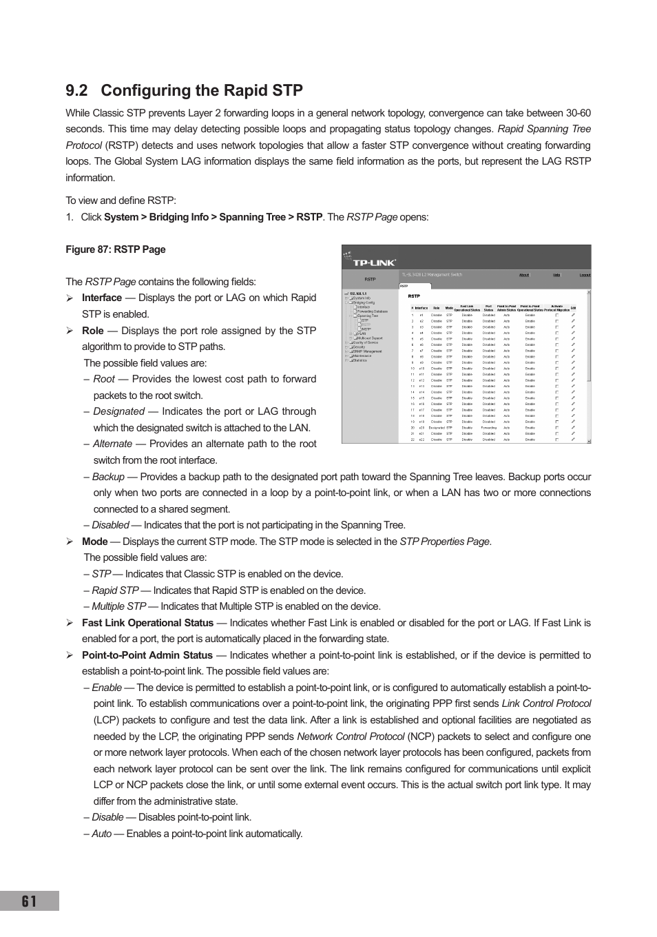 2 configuring the rapid stp, 0  9.2 configuring the rapid stp | TP-Link TL-SG3109 User Manual | Page 68 / 120