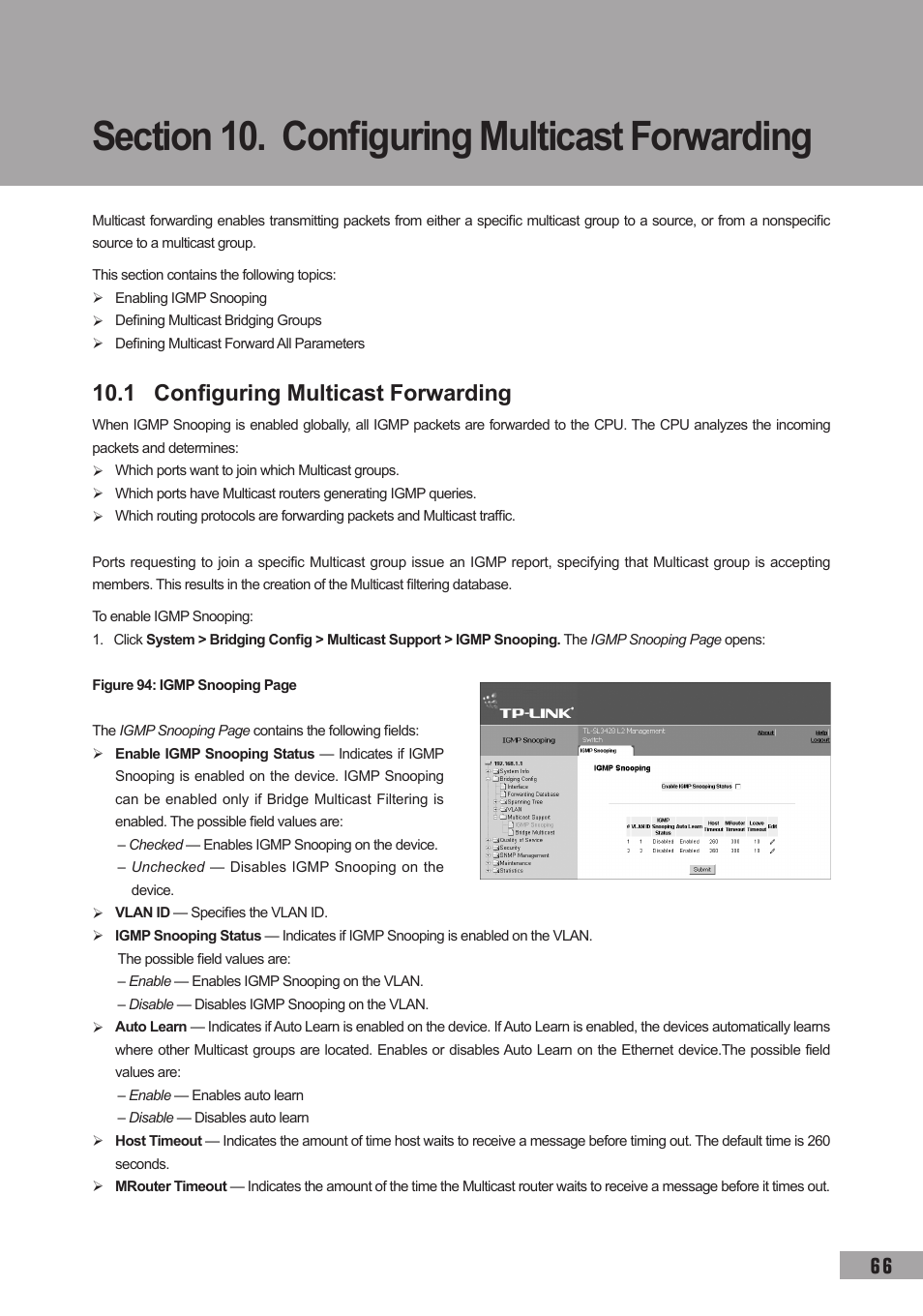 Section 10. configuring multicast forwarding, 1 configuring multicast forwarding | TP-Link TL-SG3109 User Manual | Page 73 / 120