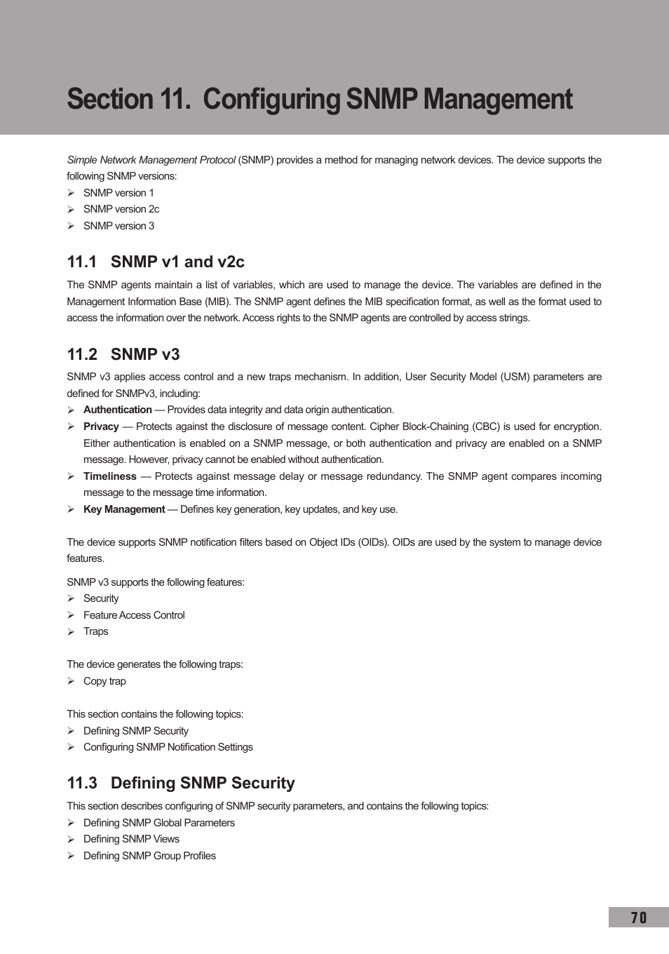 Section 11. configuring snmp management, 1 snmp v1 and v2c, 2 snmp v3 | 3 defining snmp security | TP-Link TL-SG3109 User Manual | Page 77 / 120