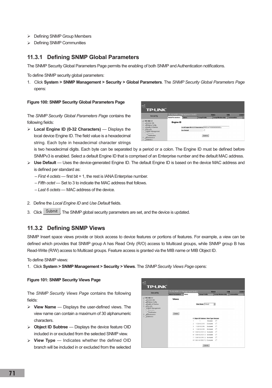 1 defining snmp global parameters, 2 defining snmp views | TP-Link TL-SG3109 User Manual | Page 78 / 120