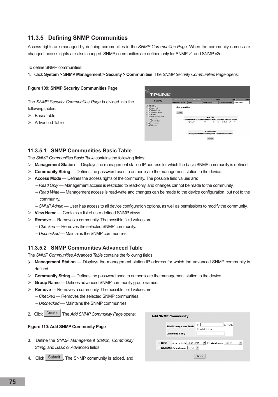 5 defining snmp communities, 1 snmp communities basic table, 2 snmp communities advanced table | TP-Link TL-SG3109 User Manual | Page 82 / 120