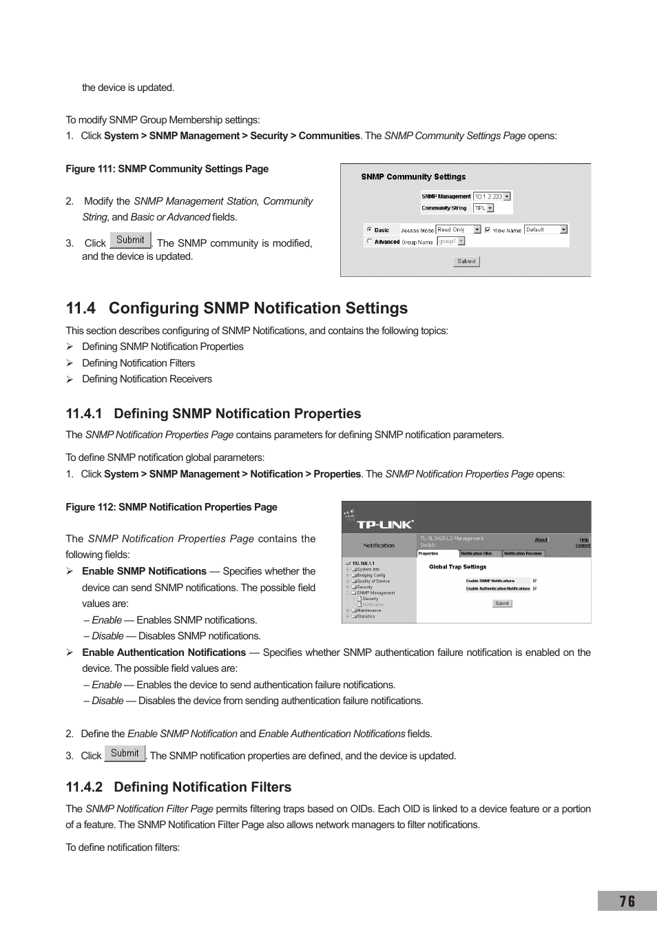 4 configuring snmp notification settings, 1 defining snmp notification properties, 2 defining notification filters | TP-Link TL-SG3109 User Manual | Page 83 / 120