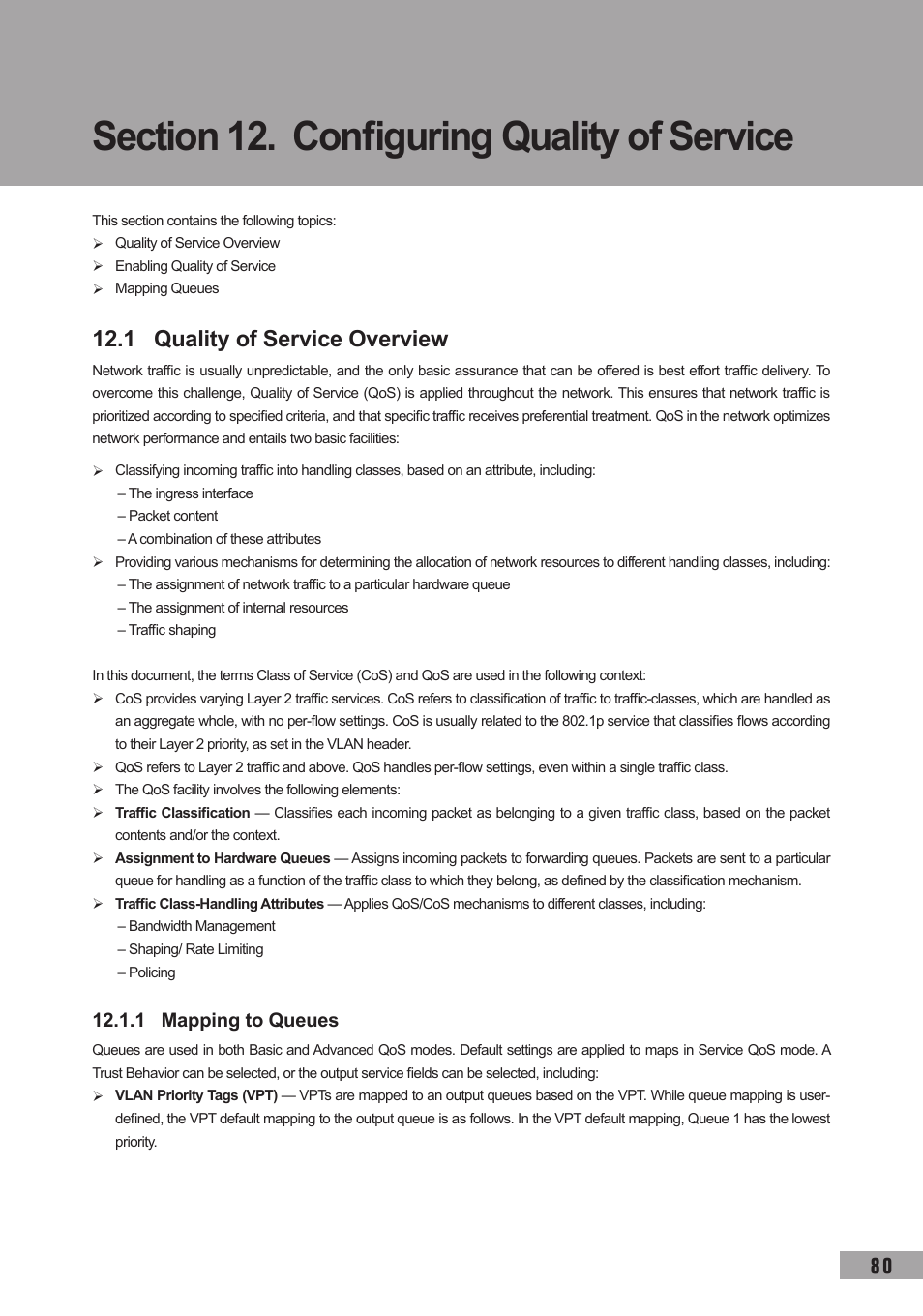 Section 12. configuring quality of service, 1 quality of service overview, 1 mapping to queues | TP-Link TL-SG3109 User Manual | Page 87 / 120