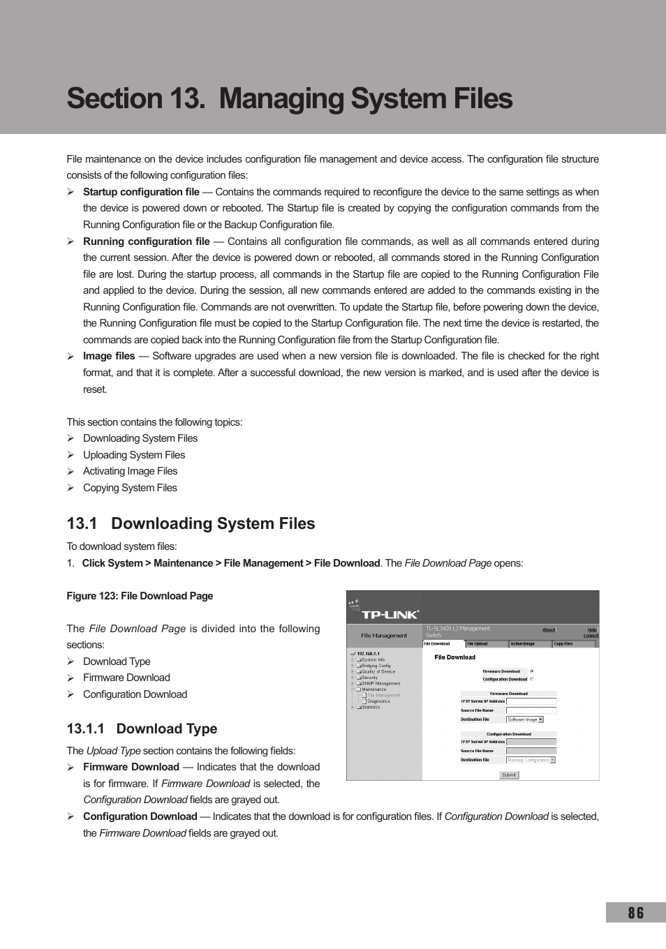 Section 13. managing system files, 1 downloading system files, 1 download type | 1 downloading system files 13.1.1 download type | TP-Link TL-SG3109 User Manual | Page 93 / 120