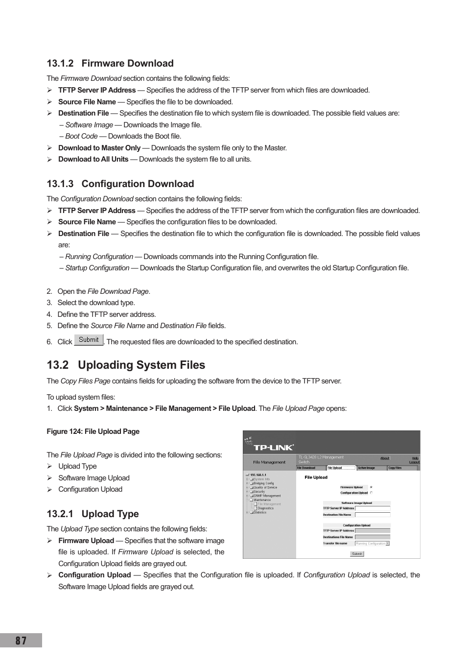 2 firmware download, 3 configuration download, 2 uploading system files | 1 upload type | TP-Link TL-SG3109 User Manual | Page 94 / 120