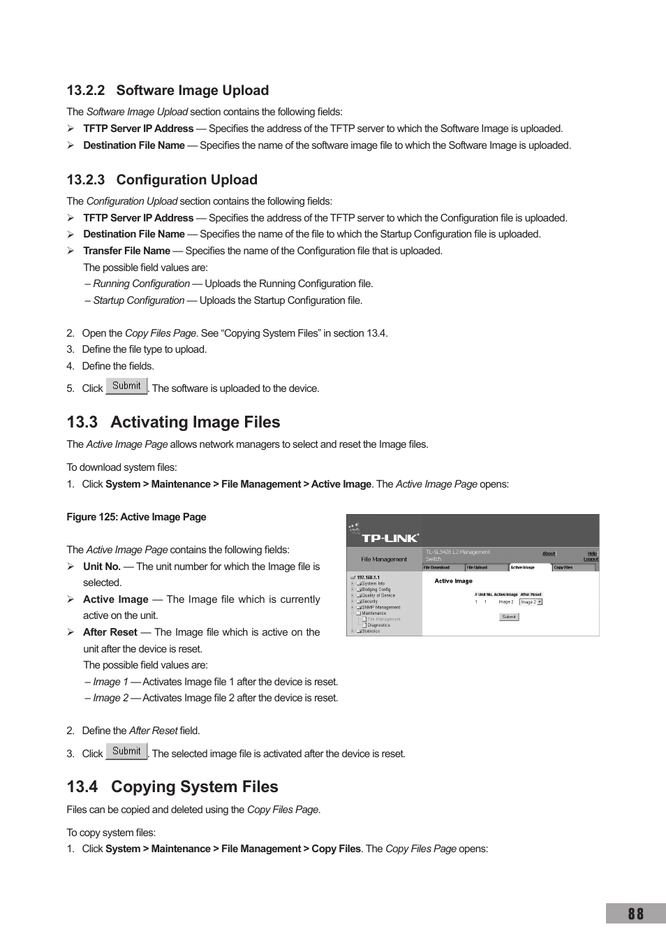 2 software image upload, 3 configuration upload, 3 activating image files | 4 copying system files | TP-Link TL-SG3109 User Manual | Page 95 / 120