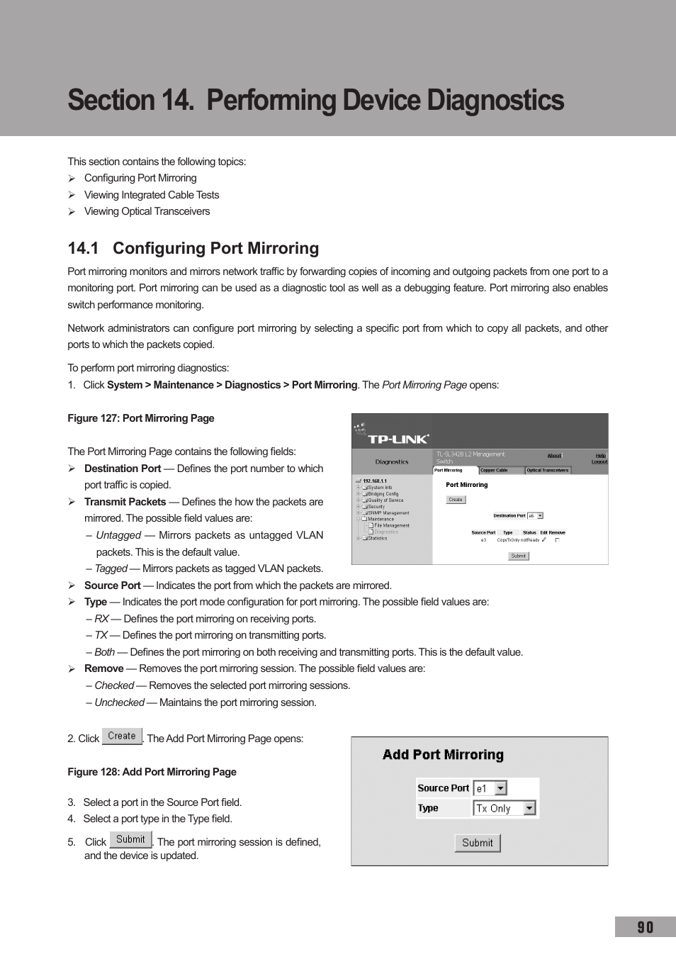 Section 14. performing device diagnostics, 1 configuring port mirroring | TP-Link TL-SG3109 User Manual | Page 97 / 120