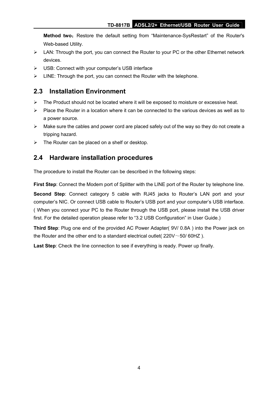 3 installation environment, 4 hardware installation procedures, Installation environment | Hardware installation procedures | TP-Link ADSL2/2+ ETHERNET/USB ROUTER TD-8817B User Manual | Page 10 / 57