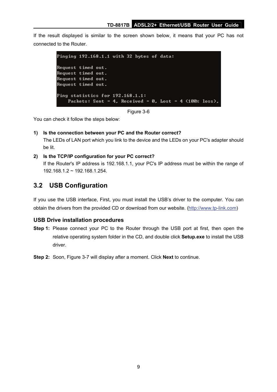 2 usb configuration, Usb configuration | TP-Link ADSL2/2+ ETHERNET/USB ROUTER TD-8817B User Manual | Page 15 / 57
