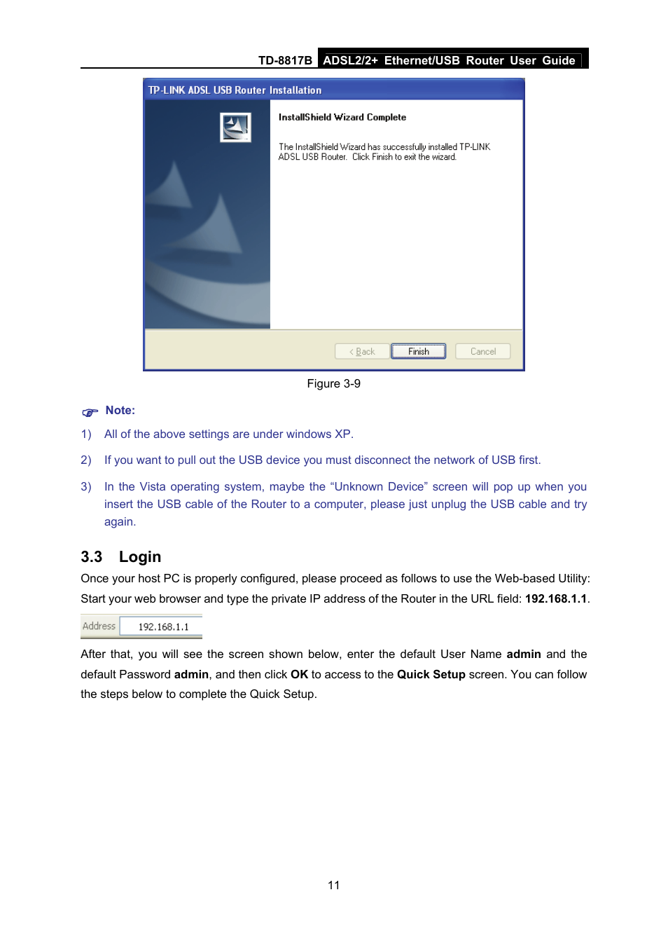 3 login, Login | TP-Link ADSL2/2+ ETHERNET/USB ROUTER TD-8817B User Manual | Page 17 / 57